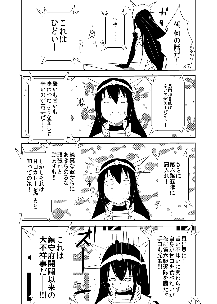 10s bare_shoulders comic elbow_gloves gloves greyscale headgear highres kantai_collection long_hair monochrome nagato_(kancolle) thana translation_request