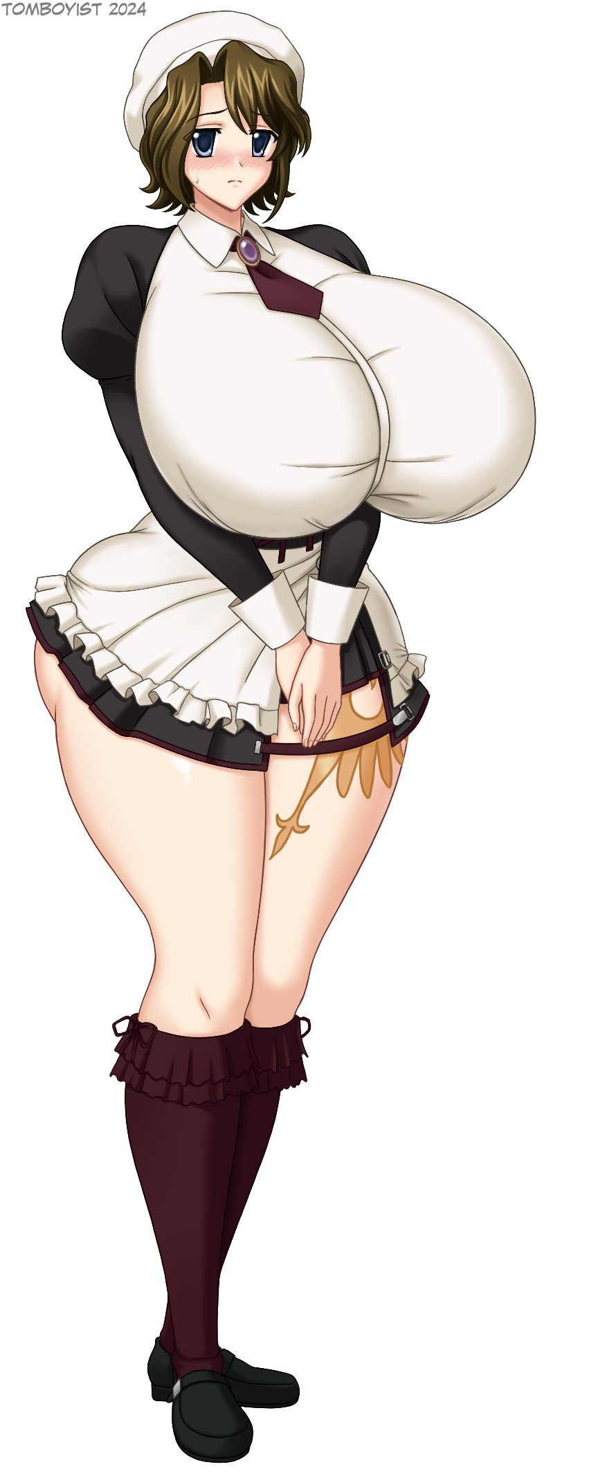 07th_expansion apron ass blue_eyes breasts brown_hair highres leg_tattoo maid maid_apron shannon_(umineko) tattoo tomboyist umineko_no_naku_koro_ni
