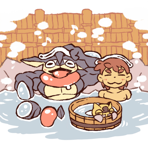 1boy :3 bathing bow-wow brown_hair bucket closed_eyes closed_mouth collarbone gen_3_pokemon gen_6_pokemon greninja long_tongue lowres male_focus musical_note ninja_boy_(pokemon) ninjask nintendo onsen open_mouth pokemon pokemon_(creature) pokemon_oras short_hair steam thick_eyebrows tongue topless_male towel towel_on_head very_long_tongue