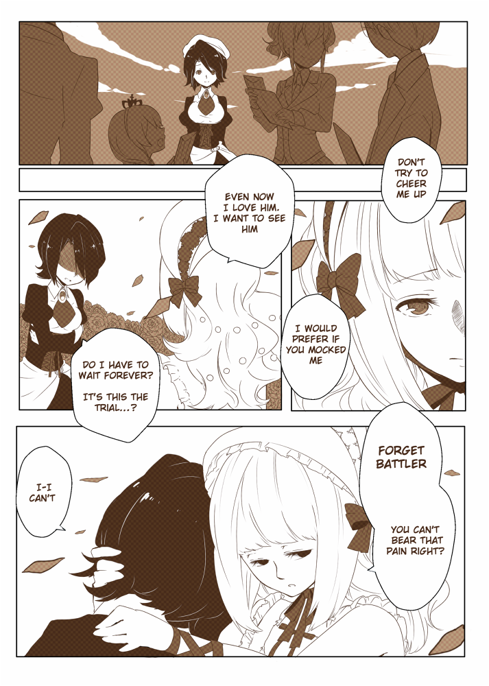 1boy 4girls ai-wa bonnet clair_vaux_bernardus comic crown english_text flower hug monochrome multiple_girls petals ponytail rose shannon_(umineko) spoilers umineko_no_naku_koro_ni ushiromiya_george ushiromiya_jessica ushiromiya_maria