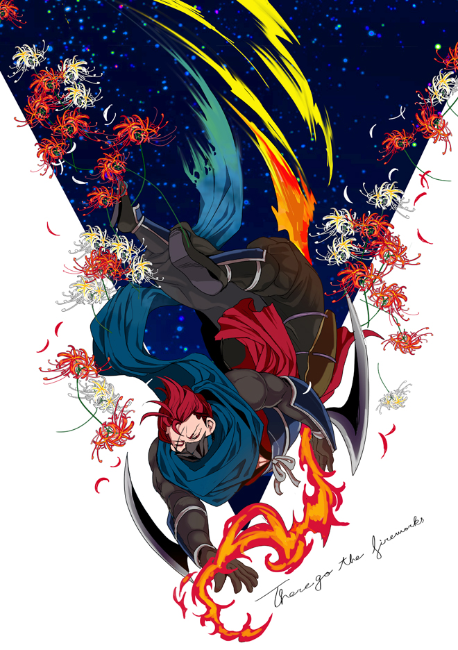 1boy fire fire_emblem fire_emblem_fates male_focus mask mouth_mask ninja ninja_mask nintendo red_hair saizo_(fire_emblem) scar scar_across_eye scar_on_face scarf tsuko_(25mnts)