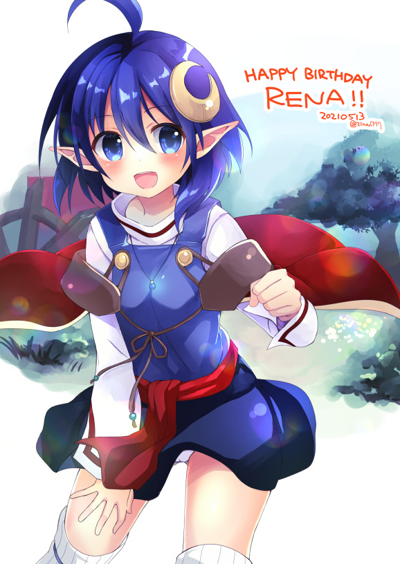 1girl ahoge blue_eyes blue_hair blush cape crescent crescent_hair_ornament hair_ornament looking_at_viewer open_mouth panties pointy_ears red_cape rena_lanford short_hair skirt smile solo star_ocean star_ocean_ex star_ocean_the_second_story thighhighs tree underwear white_panties zinan