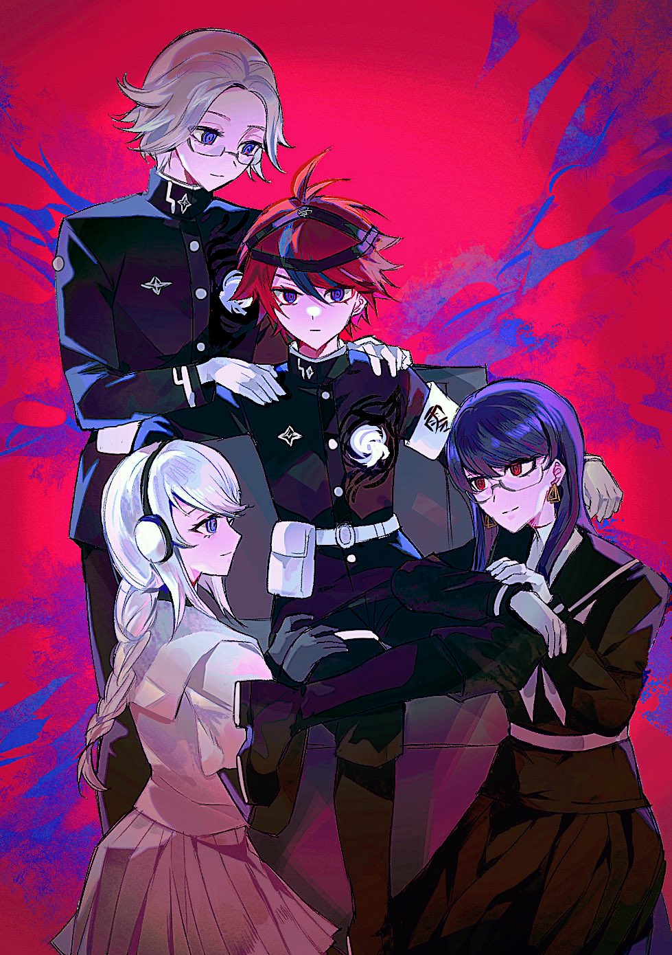 2boys 2girls ahoge aotsuki_eito black_gloves blue_background blue_eyes blue_hair braid braided_ponytail closed_mouth crossed_legs earrings glasses gloves highres jewelry kirifuji_nozomi kneeling last_defense_academy_school_uniform long_hair looking_at_viewer messy_hair multicolored_eyes multicolored_hair multiple_boys multiple_girls parted_hair pleated_skirt purple_hair red_background red_eyes red_hair shizuhara_hiruko sitting skirt smile standing sumino_takumi the_hundred_line_-last_defense_academy- white_gloves white_hair