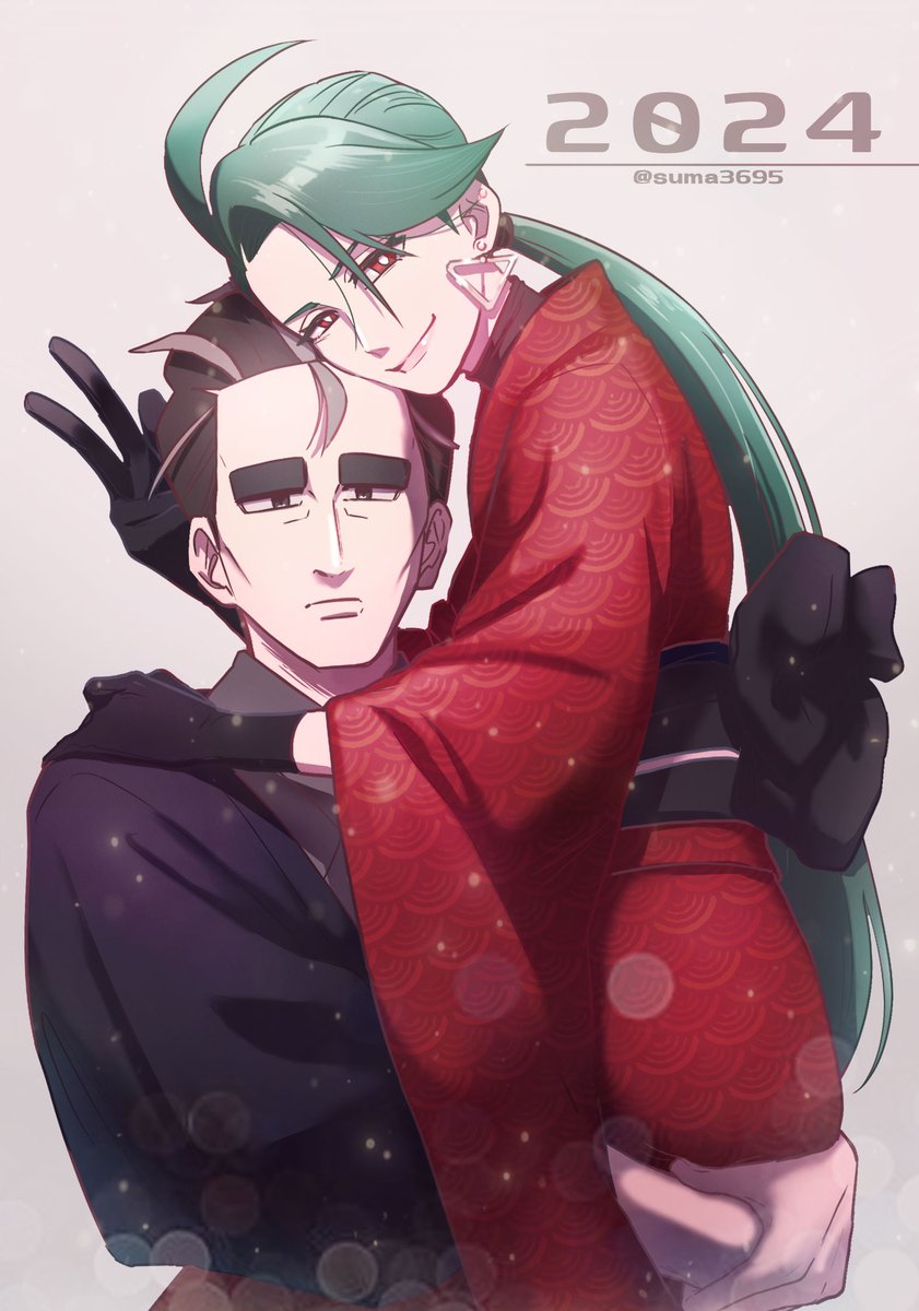 1boy 1girl 2024 black_eyes black_gloves black_hair carrying commentary_request ear_piercing earrings frown gloves grey_hair highres japanese_clothes jewelry kimono larry_(pokemon) long_hair multicolored_hair nintendo piercing pink_lips pokemon pokemon_sv ponytail red_eyes red_kimono rika_(pokemon) smile streaked_hair suma3695 thick_eyebrows triangle_earrings twitter_username two-tone_hair very_long_hair w wide_sleeves