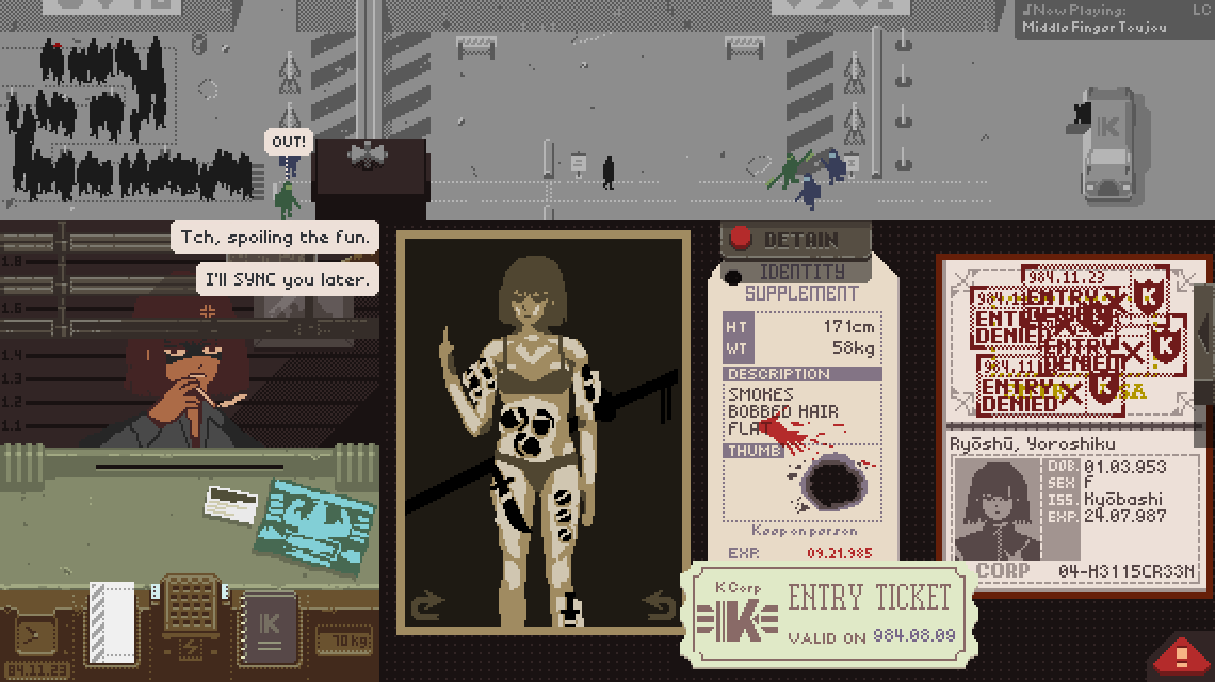 1girl anger_vein angry blood bomb character_name cigarette dagger english_text explosive fake_screenshot gameplay_mechanics highres holding holding_cigarette knife limbus_company looking_at_viewer medium_hair papers_please passport project_moon redm0e road ryoshu_(project_moon) ticket weapon x-ray