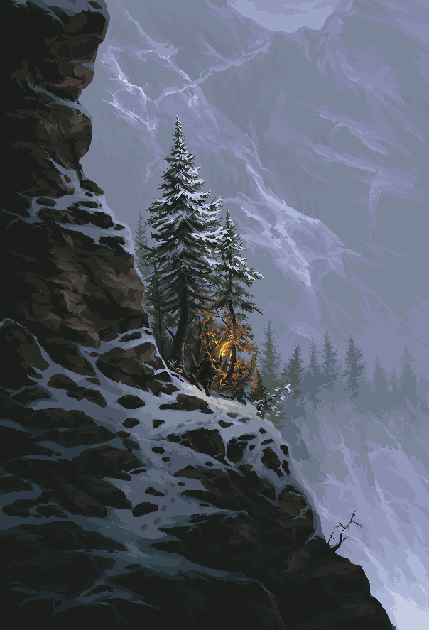 adam_ferguson ambiguous_gender commentary english_commentary fir_tree fire footprints holding holding_torch mountain original pixel_art scenery snow torch tree