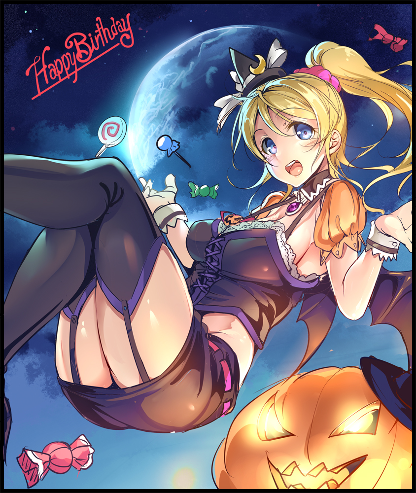 10s 1girl :d ajishio ayase_eli bat_wings black_skirt black_thighhighs blonde_hair blue_eyes breasts bustier candy corset crescent detached_collar detached_sleeves female_focus floating food full_moon garter_straps gloves groin halloween happy_birthday hat hat_ribbon high_ponytail jack-o&#039;-lantern lace_trim large_breasts lollipop long_hair love_live! love_live!_school_idol_festival love_live!_school_idol_project midriff miniskirt moon night night_sky open_mouth ponytail puffy_short_sleeves puffy_sleeves pumpkin ribbon scrunchie short_sleeves sideboob skirt sky smile solo sweats thighhighs wings witch_hat wrist_cuffs