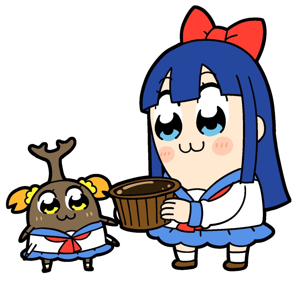 2girls :3 beetle bkub blue_eyes blue_hair blue_sailor_collar blue_skirt blunt_bangs blunt_ends blush blush_stickers bow brown_footwear bucket bug chibi chibi_only closed_mouth commentary dark_blue_hair full_body hair_bow hair_ornament hair_scrunchie holding holding_bucket insect long_hair long_sleeves looking_at_another multiple_girls neckerchief official_art orange_hair pipimi poptepipic popuko red_bow red_neckerchief rhinoceros_beetle sailor_collar school_uniform scrunchie serafuku shirt shoes short_hair sidelocks simple_background skirt socks standing two_side_up white_background white_shirt white_socks wooden_bucket yellow_eyes yellow_scrunchie