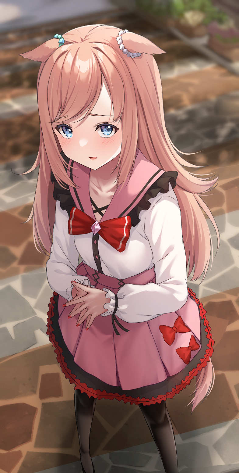 1girl agnes_digital_(umamusume) alternate_hairstyle animal_ears blue_eyes bow bow_skirt ear_ornament highres horse_ears horse_girl horse_tail long_hair looking_at_viewer looking_up merxkialis nail_polish open_mouth own_hands_together pantyhose pink_hair pink_skirt red_bow red_nails red_ribbon ribbon sailor_collar shirt skirt solo tail umamusume white_shirt