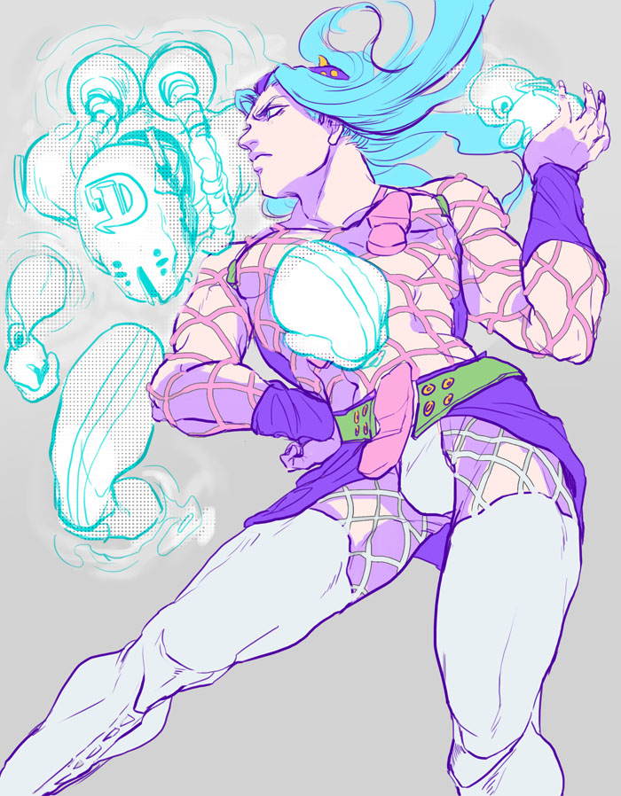 2boys bad_id bad_pixiv_id blue_hair diver_down_(stand) fishnets hat jojo_no_kimyou_na_bouken multiple_boys narciso_anasui stand_(jojo) stardust11 stone_ocean thighhighs