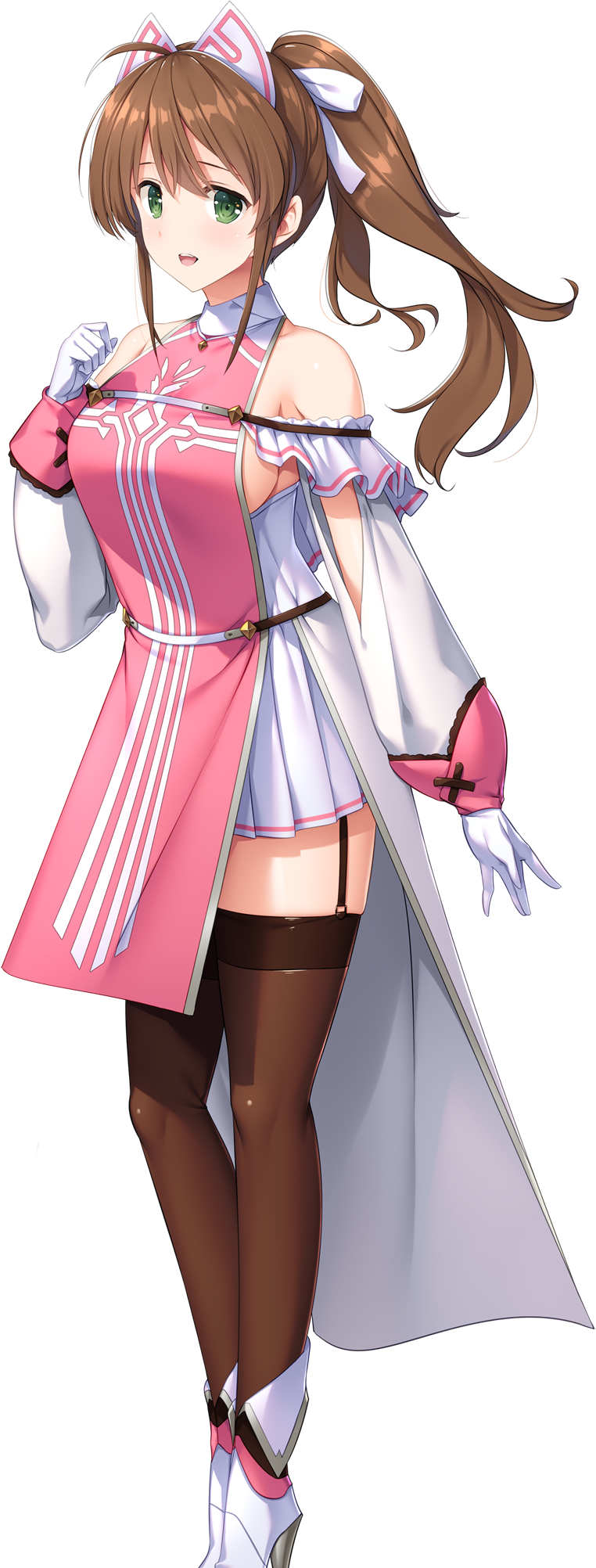 1girl ahoge akikawa_suika arm_at_side arm_up black_thighhighs breasts brown_hair cleric detached_sleeves fantasy game_cg garter_straps girls_frantic_clan gloves green_eyes hair_ornament hair_ribbon high_heels high_ponytail highres light_blush long_hair looking_at_viewer medium_breasts non-web_source official_art open_mouth paladin pink_robe pleated_skirt ponytail priestess ribbon robe sideboob skirt smile solo tachi-e thighhighs white_gloves white_skirt yaegashi_nan