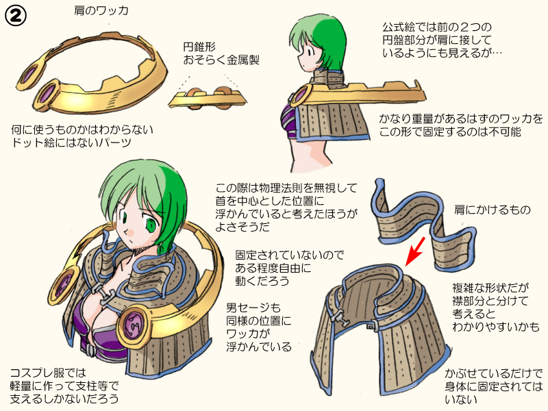 1girl bikini bikini_top_only breasts brown_capelet capelet cleavage closed_mouth commentary_request gold green_eyes green_hair medium_breasts multiple_views pointing_out_the_details purple_bikini ragnarok_online sage_(ragnarok_online) short_hair simple_background striped_capelet swimsuit tatsumi_ray translation_request upper_body