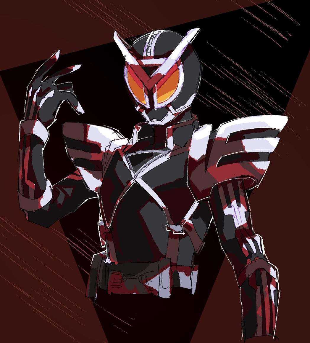 1boy armor belt black_background black_bodysuit blank_eyes bodysuit chikichi cropped_torso hand_up helmet kamen_rider kamen_rider_555 kamen_rider_delta male_focus orange_eyes red_background shoulder_armor simple_background sketch solo two-tone_background upper_body