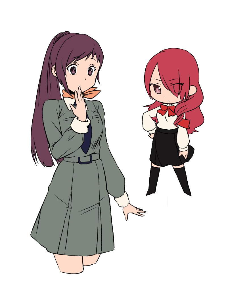 2girls black_hair breasts brown_eyes closed_mouth do_m_kaeru hair_over_one_eye kirijou_mitsuru kirishima_eriko long_hair looking_at_viewer multiple_girls necktie persona persona_1 persona_3 ponytail red_eyes red_hair school_uniform simple_background skirt st._hermelin_school_uniform white_background