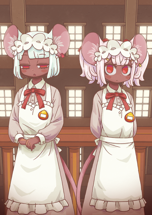 2girls animal_ear_piercing animal_ears apron arms_behind_back blue_hair blunt_bangs blush_stickers bob_cut bow bowtie brown_background buttons closed_mouth collared_dress daikokuten_(fate) daikokuten_(first_ascension)_(fate) dark-skinned_female dark_skin dress expressionless fate/grand_order fate_(series) feet_out_of_frame frilled_apron frills game_cg hair_bow hair_ornament hairband hairclip half-closed_eyes long_sleeves looking_at_viewer maid maid_headdress mouse_ears mouse_girl mouse_tail multiple_girls name_tag official_art own_hands_together parted_bangs parted_lips pink_dress pink_hair red_bow red_bowtie red_eyes riyo_(lyomsnpmp) short_hair short_twintails sidelocks sleeve_cuffs standing tail third-party_source twintails variant_set very_dark_skin white_apron white_hairband window wing_collar