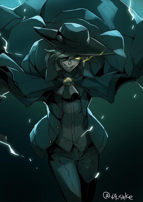 1boy edmond_dantes_(fate) electricity fate/grand_order fate_(series) fedora formal_clothes hat kaneaki_mukku male_focus short_hair smile solo suit white_hair yellow_eyes