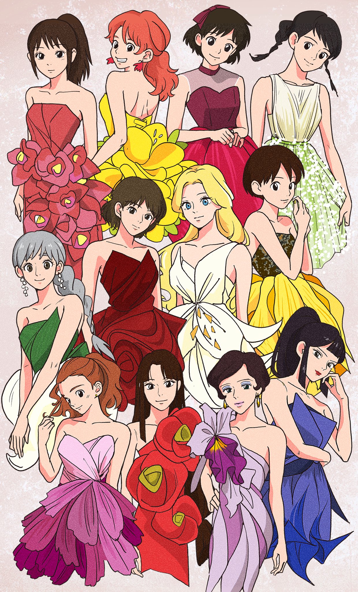 6+girls arrietty bare_shoulders blonde_hair blue_dress blue_eyes blunt_bangs braid braided_ponytail braided_twintails brown_hair clenched_teeth commentary_request dress earrings eboshi eyeshadow flower_dress fujisaki_chihiro gake_no_ue_no_ponyo gina_(kurenai_no_buta) grey_hair hand_on_own_hip highres howl_no_ugoku_shiro jewelry karigurashi_no_arrietty kiki_(majo_no_takkyuubin) kokurikozaka_kara komatsuzaki_umi kurenai_no_buta lin_(sen_to_chihiro_no_kamikakushi) looking_at_viewer looking_back majo_no_takkyuubin makeup marnie_(omoide_no_marnie) mimi_wo_sumaseba mononoke_hime multiple_girls off-shoulder_dress off_shoulder omoide_no_marnie orange_hair pink_dress ponyo ponytail purple_dress red_dress red_lips rikaco1988 san_(mononoke_hime) sen_to_chihiro_no_kamikakushi short_hair sidelocks single-shoulder_dress sleeveless sleeveless_dress smile sophie_hatter studio_ghibli teeth tsukishima_shizuku yellow_dress