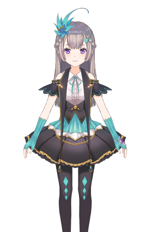 1girl aqua_gloves black_pantyhose braid closed_mouth feet_out_of_frame fingerless_gloves flower gloves hair_flower hair_ornament long_hair looking_at_viewer magia_record:_mahou_shoujo_madoka_magica_gaiden mahou_shoujo_madoka_magica neck_ribbon non-web_source pantyhose pleated_skirt purple_eyes ribbon shizumi_konoha skirt solo straight-on transparent_background