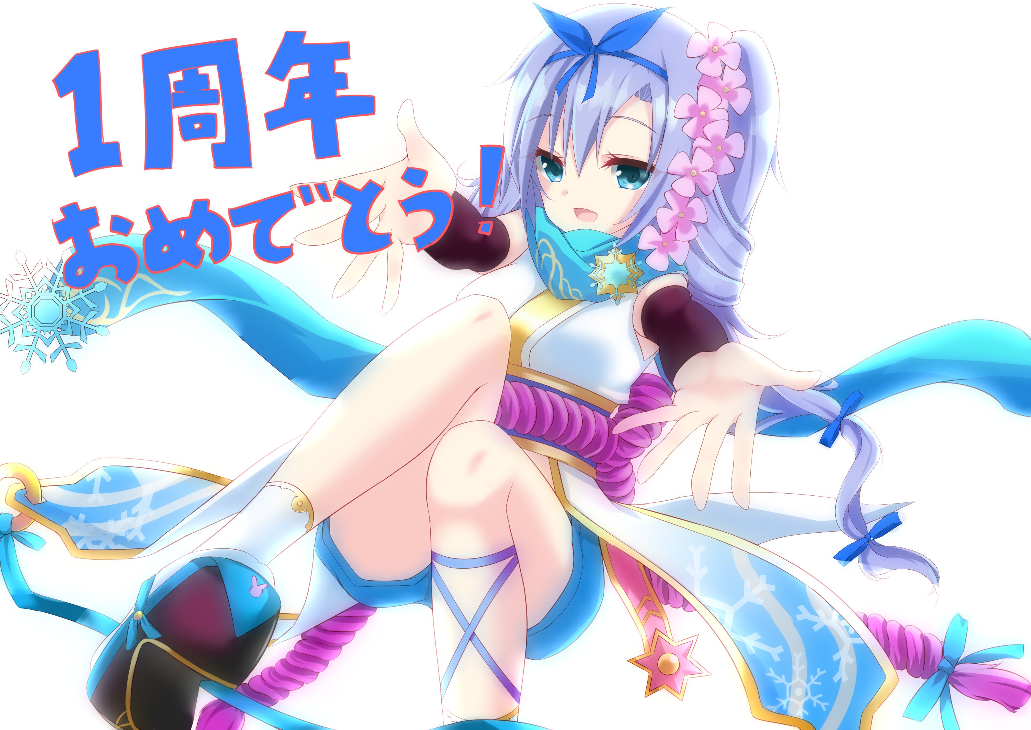 1girl absurdres anniversary arm_warmers bare_shoulders black_footwear blue_eyes blue_hair blue_hairband blue_scarf blush bow_hairband commentary_request flower hair_flower hair_ornament hairband highres japanese_clothes kimono kousetsu_samonji_(tenka_hyakken) light_blue_hair midair nyaromaru open_mouth parted_bangs reaching reaching_towards_viewer rope scarf shimenawa side_ponytail smile snowflake_brooch snowflake_print solo tenka_hyakken white_background white_kimono