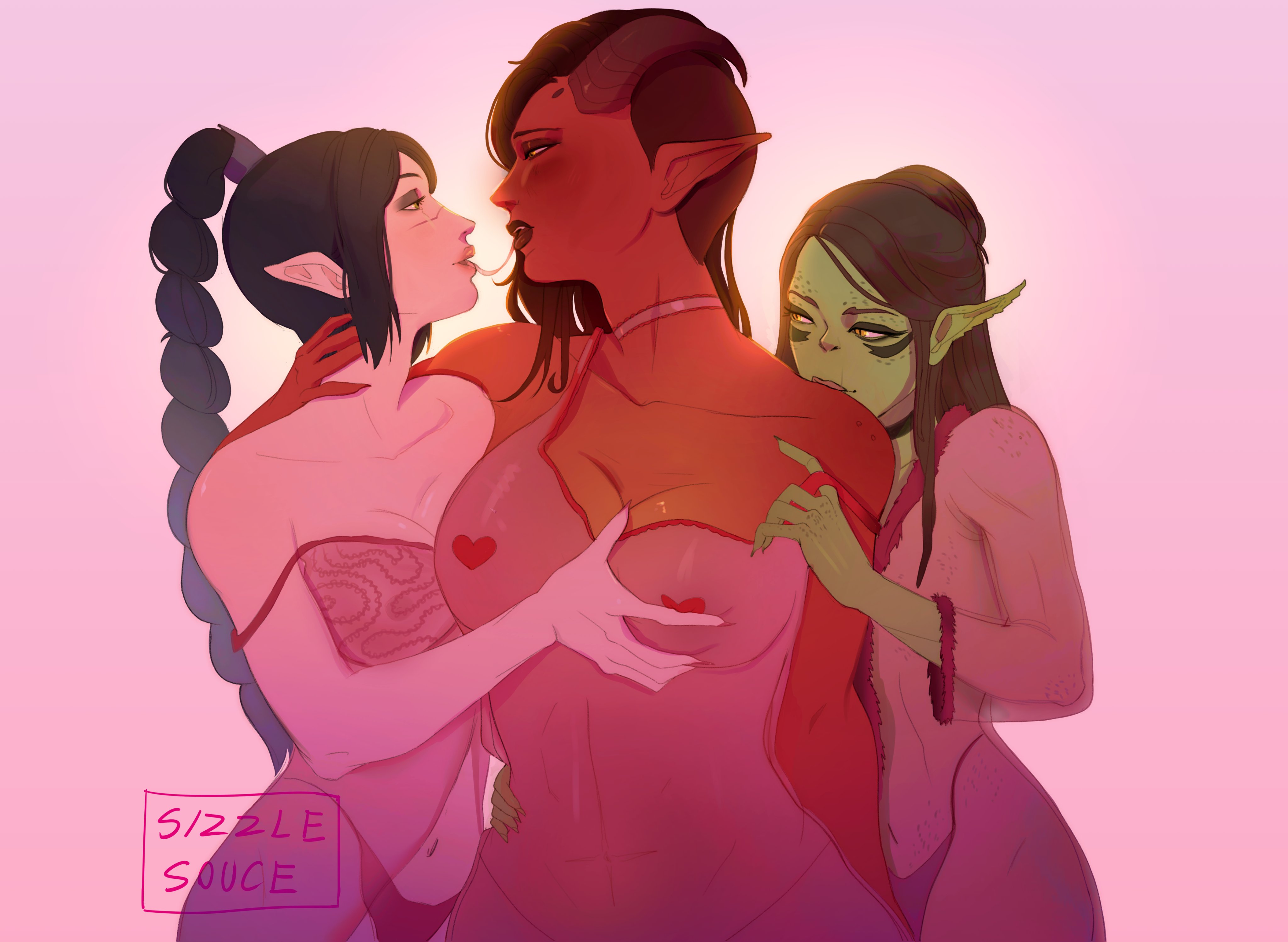 3girls absurdres after_kiss artist_name baldur's_gate baldur's_gate_3 bare_shoulders black_hair blush breasts brown_hair choker cleavage collarbone colored_skin demon_girl demon_horns dress dungeons_&_dragons gith_(d&d) hand_up highres horns karlach lae'zel large_breasts multi-tied_hair multiple_girls navel pink_dress pointy_ears profile red_skin saliva saliva_trail shadowheart_(baldur's_gate) side_cut simple_background sizzlesouce smile yuri