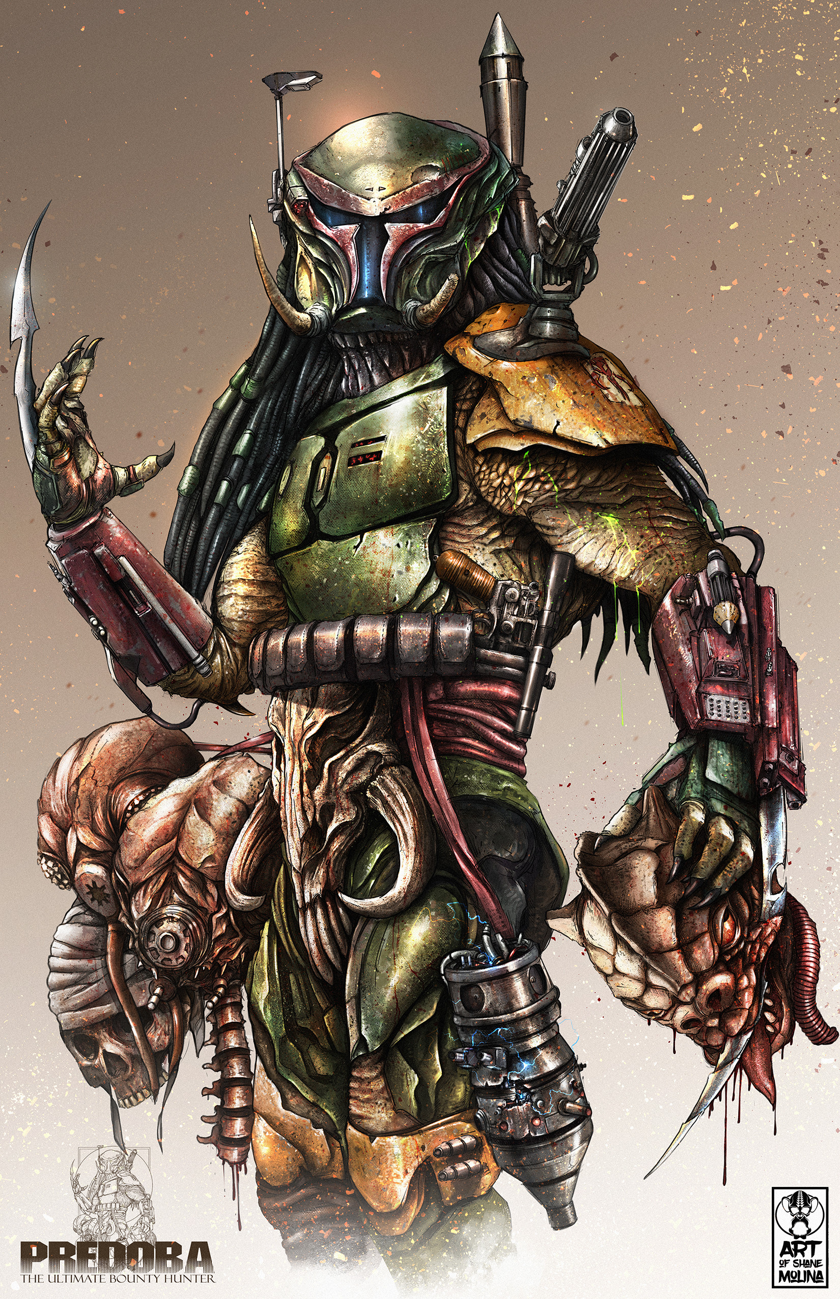 1boy 4-lom absurdres alien arm_blade artist_logo blood boba_fett bossk cable_hair commentary cowboy_shot dengar electricity embers english_commentary english_text fusion highres holding_detached_head ig-88 logo looking_up open_hand predator_(character) predator_(series) red_eyes robot science_fiction severed_head shanemolina skull spine star_wars star_wars:_the_empire_strikes_back tongue tongue_out weapon