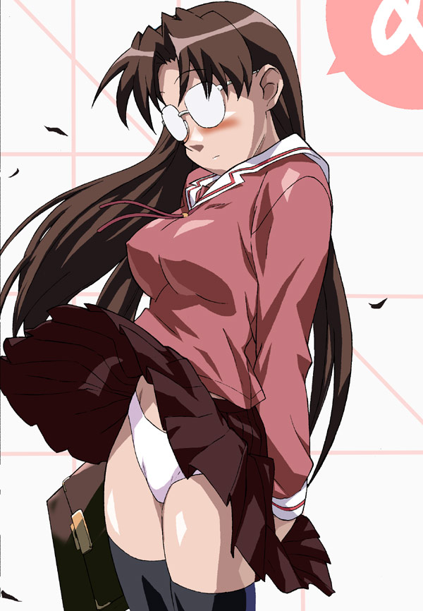 1girl azumanga_daiou bag black_thighhighs blush breasts brown_hair covered_erect_nipples embarrassed female_focus glasses large_breasts leaf long_hair miniskirt mizuhara_koyomi o/p.com opocom panties pantyshot pleated_skirt school_bag school_uniform serafuku skirt solo standing thighhighs underwear very_long_hair volvox white_panties wind wind_lift