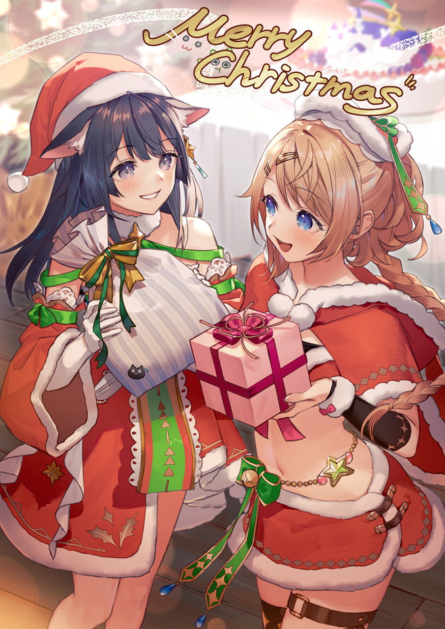 2girls :d adapted_costume animal_ear_fluff animal_ears atelier_(series) atelier_resleriana black_hair blonde_hair blue_eyes box braid capelet cat_ears cat_girl christmas commentary_request detached_sleeves dress fur-trimmed_capelet fur-trimmed_dress fur-trimmed_headwear fur-trimmed_skirt fur_trim gift gift_box gloves green_ribbon grin hair_ornament hairclip hat highres holding holding_gift indoors izana_kokoschka long_hair looking_at_another merry_christmas midriff multiple_girls navel official_alternate_costume official_art open_mouth red_capelet red_dress red_skirt resna_sternenlicht resna_sternenlicht_(starry_heavens_gift) ribbon sack santa_costume santa_dress santa_hat skirt smile star_(symbol) stomach table thigh_strap umiu_geso white_gloves wooden_floor