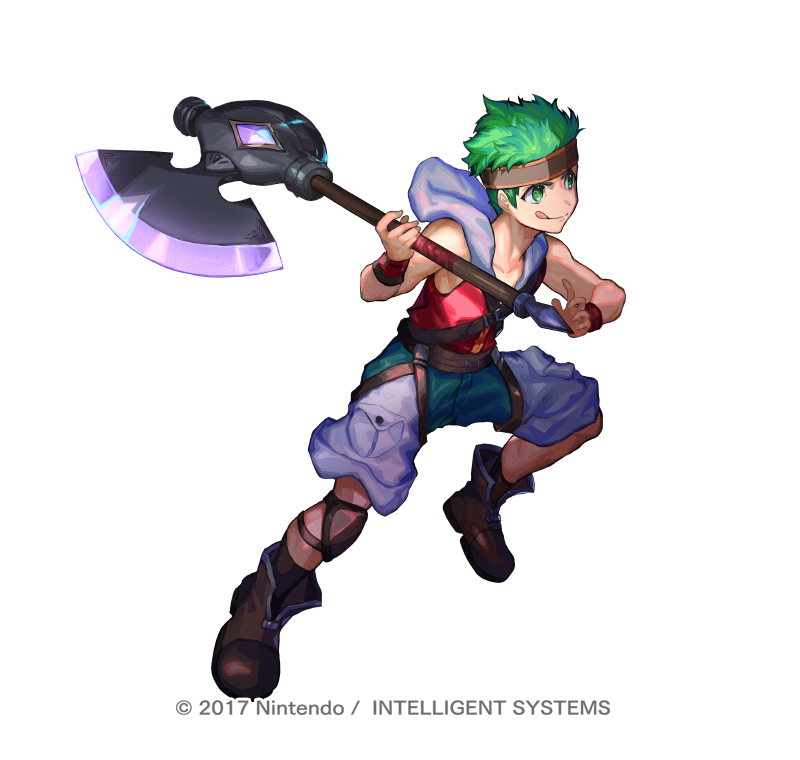1boy :q aged_down axe boyd_(fire_emblem) boyd_(future_great)_(fire_emblem) child copyright_notice fighting_stance fire_emblem fire_emblem:_path_of_radiance fire_emblem_heroes full_body green_eyes green_hair headband holding holding_axe holding_weapon hood hoodie knee_pads male_focus nijimaarc nintendo official_art short_hair single_knee_pad sleeveless sleeveless_hoodie solo tongue tongue_out weapon white_background