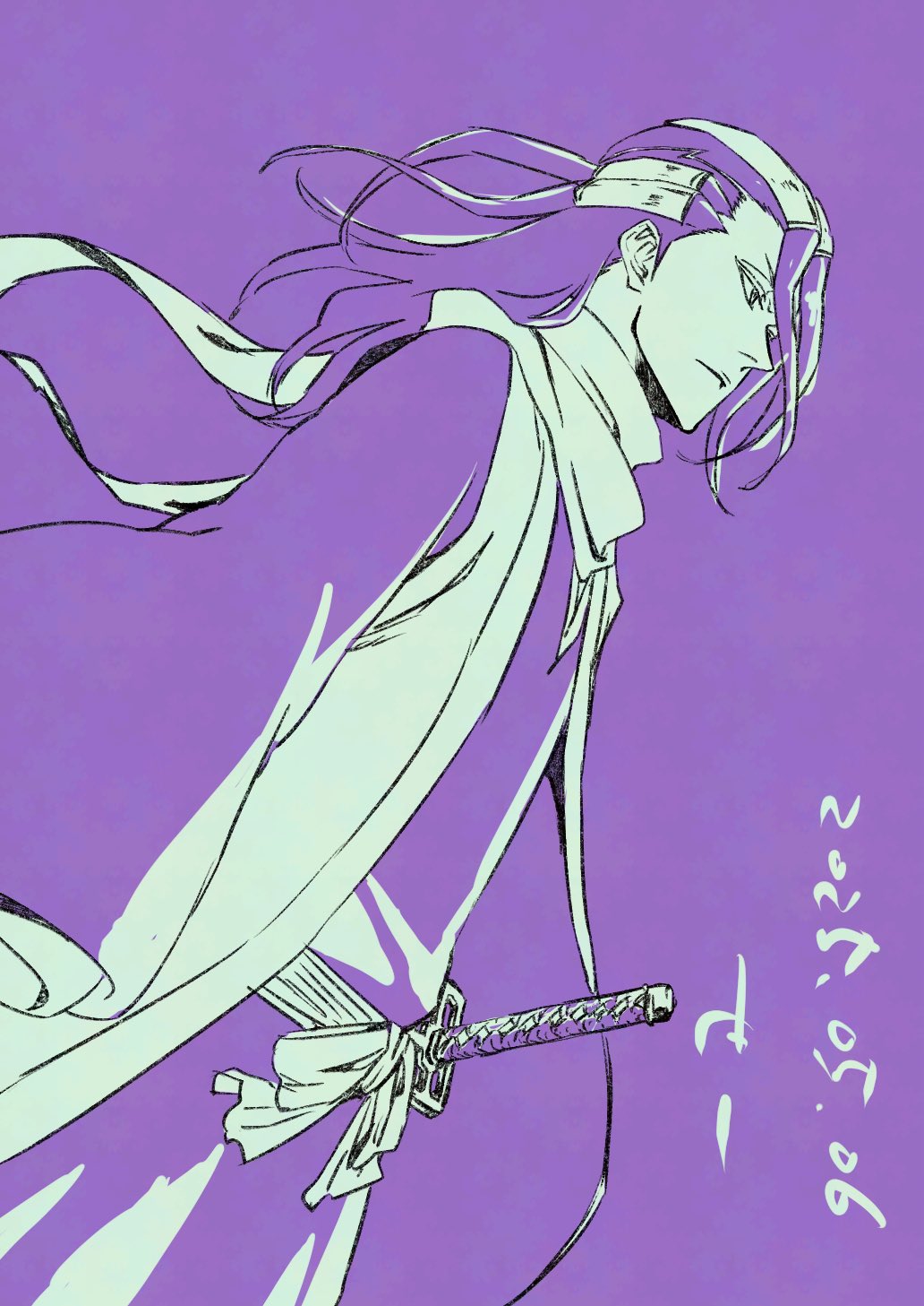 1boy bleach closed_mouth commentary_request cowboy_shot dated dutch_angle floating_hair hair_ornament haori highres japanese_clothes komatsubara_sei kuchiki_byakuya long_hair long_sleeves looking_ahead male_focus monochrome purple_background purple_theme sash scarf serious shihakusho solo sword taichou_haori weapon wide_sleeves wind