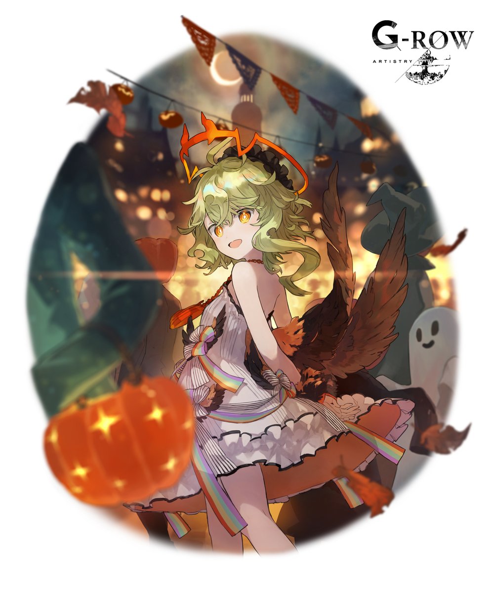 :d bare_shoulders brown_wings crescent_moon dress ghost gjallarhorn_(phantom_of_the_kill) green_hair halo hat highres jack-o&#039;-lantern jewelry looking_at_viewer looking_back moon necklace night night_sky official_art open_mouth orange_eyes orange_halo orange_shirt outdoors phantom_of_the_kill rainbow_ribbon ribbon shirt sidelocks sky smile standing two-sided_fabric two-sided_skirt watarubou white_dress white_ribbon wings witch_hat
