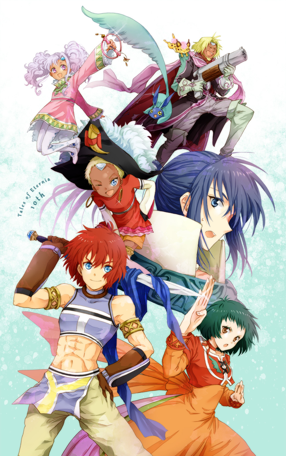00s 3boys 3girls ;d ^_^ anniversary aqua_background bad_id bad_pixiv_id blonde_hair blue_eyes blue_hair boots bow cape chat_(tales) closed_eyes coat copyright_name creature cropped_jacket curly_hair dark_skin dress earrings facial_mark farah_oersted fighting_stance fog_(tales) forehead_mark gem gloves green_hair gun hand_on_own_hip happy hat highres hip_focus jewelry jumping k-mame keele_zeibel leaning_forward long_hair meredy_(tales) midriff multiple_boys multiple_girls muscular one_eye_closed open_mouth orange_dress pants pantyhose pirate_hat purple_eyes purple_hair quickie_(tales) red_hair red_shirt reid_hershel ribbon scarf shirt shoes short_hair smile surprised sword tales_of_(series) tales_of_eternia twintails very_dark_skin wand weapon white_legwear wink