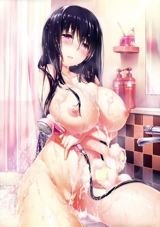 1girl bathroom black_hair blush breast_hold breasts curtains curvy faucet female_focus hinasaki_you huge_breasts large_breasts long_hair navel nipples open_mouth puffy_nipples purple_eyes pussy scan shower shower_head sitting smile soap soapy solo wet wide_hips