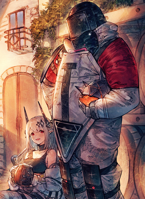 1boy 1girl arknights barrel benitama big_bob_(arknights) black_choker black_gloves black_sports_bra body_armor breasts choker cup demon_horns door elite_ii_(arknights) gloves hair_ornament helmet holding holding_cup horns infection_monitor_(arknights) jumpsuit large_breasts long_hair mudrock_(arknights) mudrock_(elite_ii)_(arknights) open_jumpsuit originium_slug_(arknights) outdoors pointy_ears red_eyes sarashi sports_bra white_hair white_jumpsuit window wooden_cup