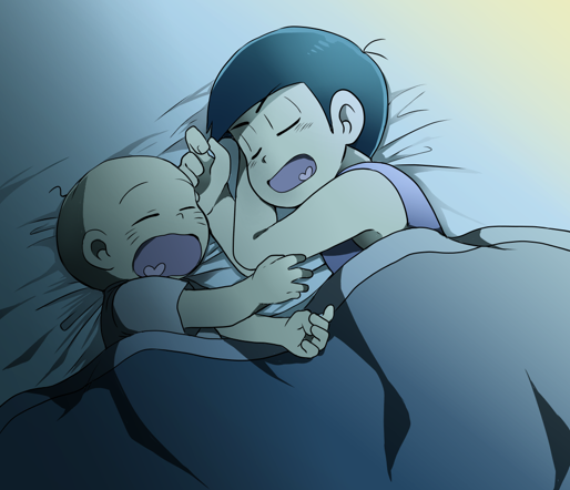 2boys bald bed black_hair blanket chibita closed_eyes facial_mark heart heart_in_mouth lying matsuno_karamatsu multiple_boys on_side open_mouth osomatsu-kun osomatsu-san osomatsu_(series) sleeping tank_top thick_eyebrows tsubuta_hiro under_covers whisker_markings