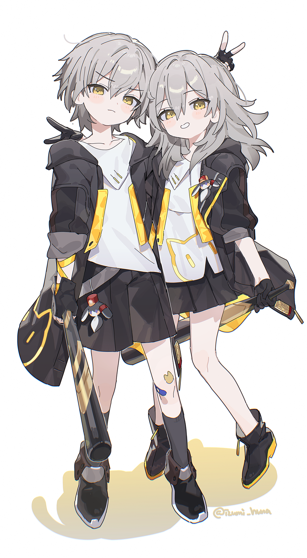 1boy 1girl aged_down arm_ribbon artist_name bandaid bandaid_on_leg baseball_bat black_boots black_coat black_gloves black_shorts black_skirt black_socks blush boots caelus_(honkai:_star_rail) charm_(object) child closed_mouth coat collarbone dual_persona fingerless_gloves funa_(sakana) gloves grey_hair hair_between_eyes hand_up highres holding holding_baseball_bat honkai:_star_rail honkai_(series) lapels long_hair long_sleeves looking_at_viewer open_clothes open_coat pom-pom_(honkai:_star_rail) puffy_long_sleeves puffy_sleeves ribbon shadow shirt short_hair shorts sidelocks simple_background skirt smile socks stelle_(honkai:_star_rail) sticker_on_leg t-shirt teeth trailblazer_(honkai:_star_rail) two-sided_coat two-sided_fabric v white_background white_shirt yellow_coat yellow_eyes