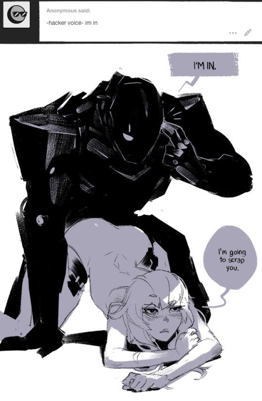 ass blunt_bangs blush closed_mouth completely_nude doggystyle english_text hacker_voice:_i&#039;m_in_(meme) hand_on_ground hand_on_own_head height_difference hetero humanoid_robot long_hair meme nude prosthesis prosthetic_leg ratio_(robots_&amp;_lace) robot robots_&amp;_lace sarah_stone sex sex_from_behind simple_background speech_bubble talking top-down_bottom-up tumblr_ask valence_(robots_&amp;_lace) white_background