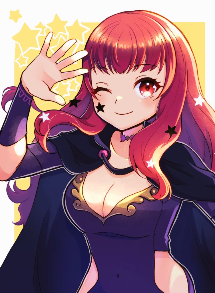 1girl bodysuit breasts cape cleavage cleavage_cutout closed_mouth clothing_cutout covered_navel facial_mark fire_emblem fire_emblem_engage gogatsu_(yeaholiday) hair_ornament light_smile long_hair medium_breasts nintendo one_eye_closed red_eyes red_hair simple_background solo star_(symbol) star_hair_ornament waving yunaka_(fire_emblem)