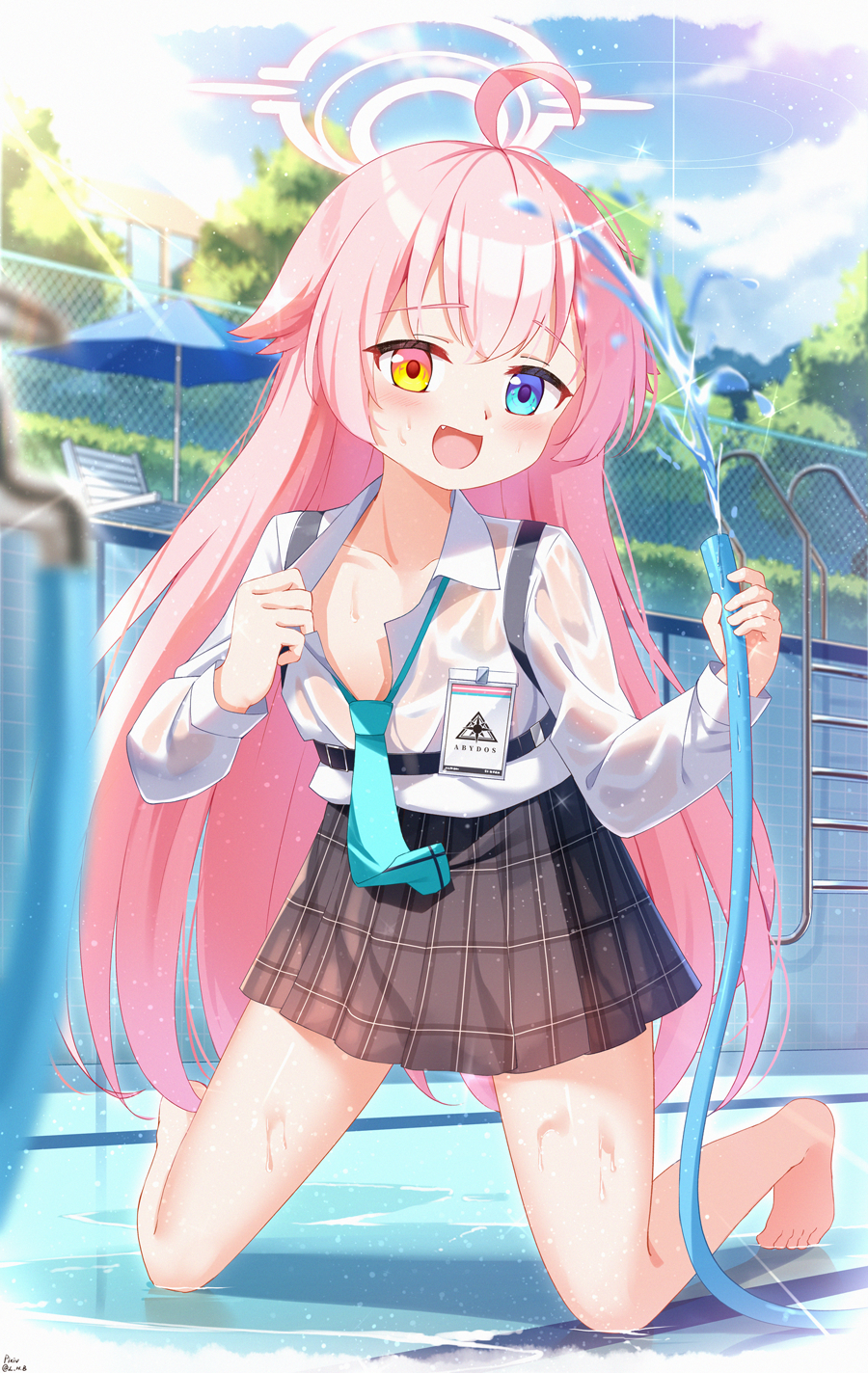 1girl ahoge barefoot black_skirt blue_archive blue_eyes blue_necktie blush breasts chinese_commentary collared_shirt commentary_request day empty_pool fang hair_between_eyes halo heterochromia highres holding holding_hose hose hoshino_(blue_archive) kneeling long_hair mixed-language_commentary necktie open_mouth outdoors paid_reward_available painter-lhb pink_hair pink_halo plaid_clothes plaid_skirt pleated_skirt pool shirt skirt small_breasts solo water wet wet_clothes wet_shirt white_shirt yellow_eyes