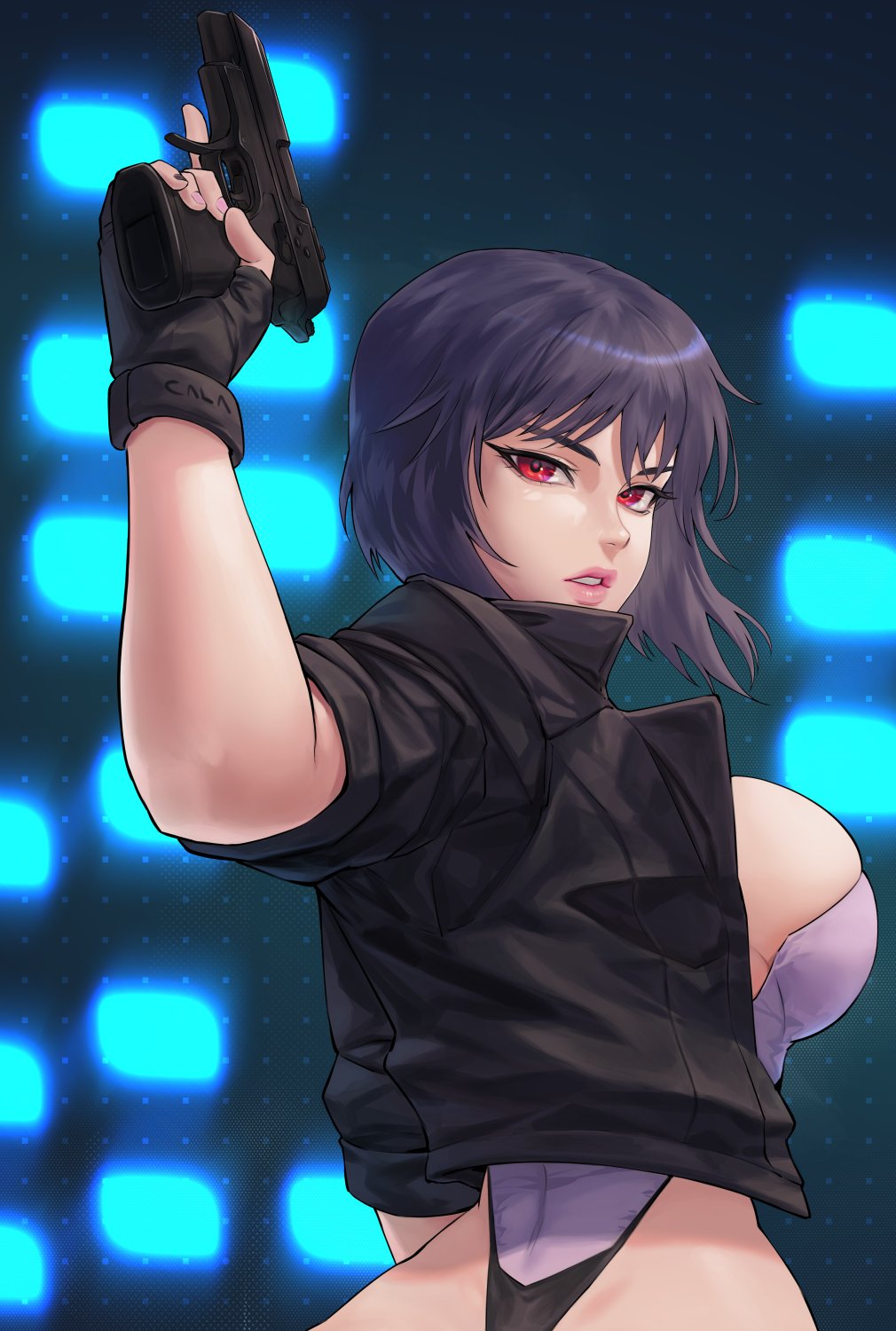 1girl black_gloves black_jacket breasts fingerless_gloves from_behind gabriel_carrasquillo ghost_in_the_shell gloves gun handgun highleg highleg_leotard highres jacket kusanagi_motoko leotard lips looking_back medium_hair open_clothes open_jacket purple_hair red_eyes revealing_clothes sideboob solo strapless strapless_leotard weapon white_leotard wide_hips
