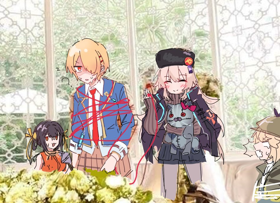 4girls blonde_hair capelet charlotta_skopovskaya chinese_clothes deerstalker dress fur_hat grey_hair hair_ornament hair_over_one_eye hairclip hat heaven_burns_red holding irene_redmayne kayamori_ruka li_yingxia long_hair meme multiple_girls rantan_0925 red_eyes ribbon short_hair stuffed_animal stuffed_toy ushanka yellow_eyes yellow_ribbon yuri