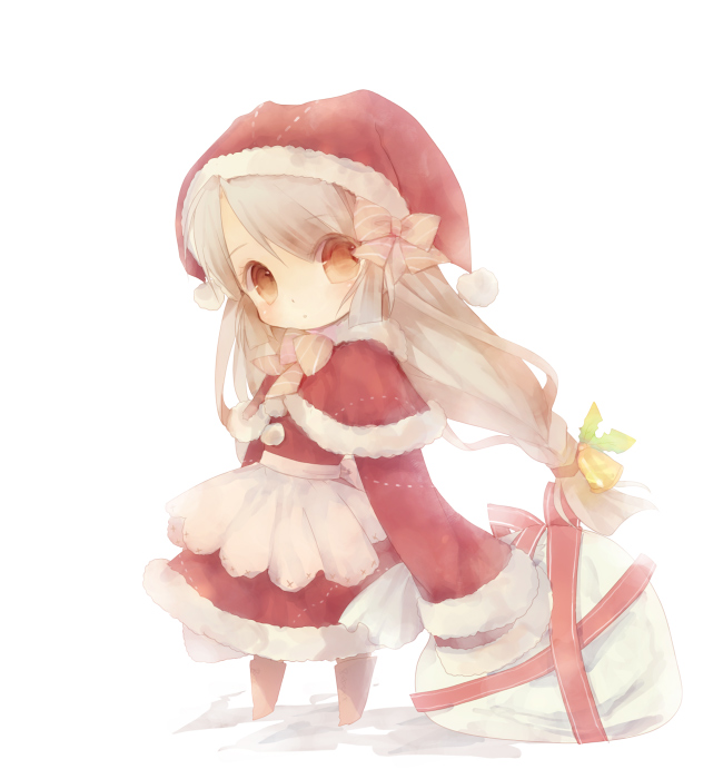 1girl bad_id bad_pixiv_id brown_eyes brown_hair chibi female_focus giftbag hat icc long_hair oversized_clothes sack santa_costume santa_hat solo