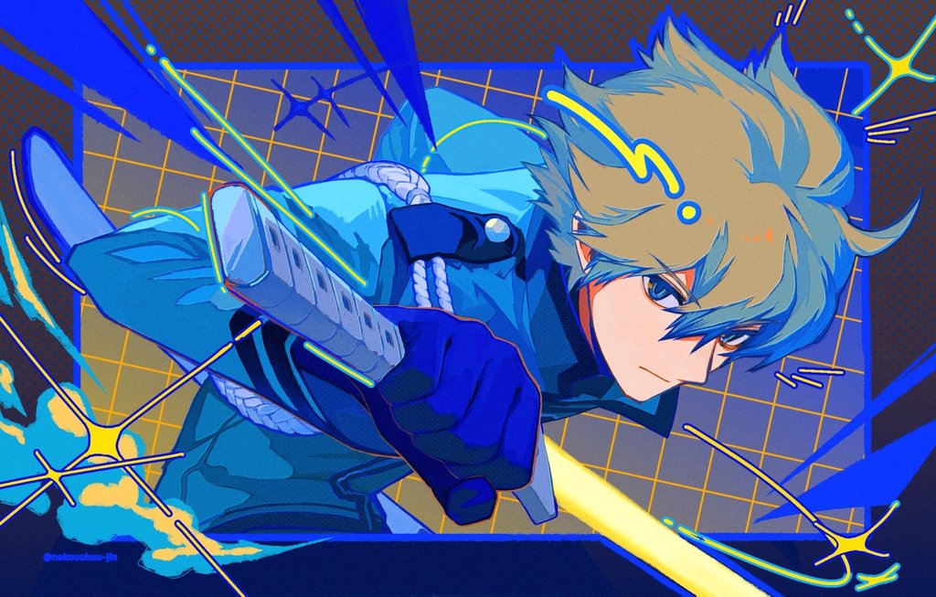1boy black_gloves blonde_hair blue_background blue_eyes blue_jacket closed_mouth fighting_stance gloves holding holding_sword holding_weapon hyuse jacket long_sleeves looking_at_viewer male_focus nekouchuu_jin short_hair solo sword upper_body weapon world_trigger