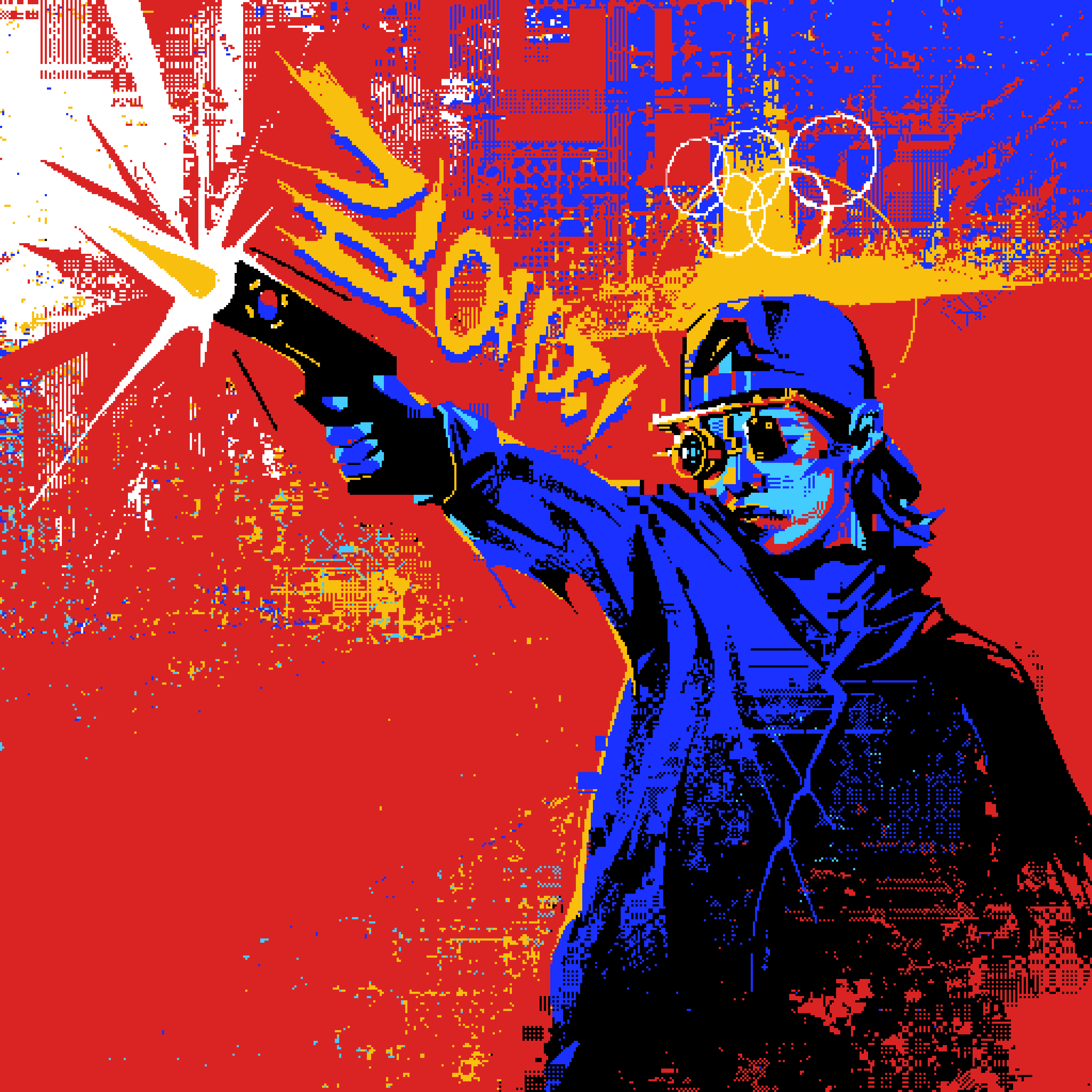 1girl 2024_summer_olympics absurdres aiming ajgenerated arm_up backwards_hat baseball_cap covered_eyes fading firing from_side gun hat high_contrast highres holding holding_gun holding_weapon jacket kim_yeji limited_palette long_sleeves multicolored_background muzzle_flash olympic_rings olympic_shooting_glasses olympics outstretched_arm pixelated real_life solo sound_effects south_korean_flag upper_body weapon
