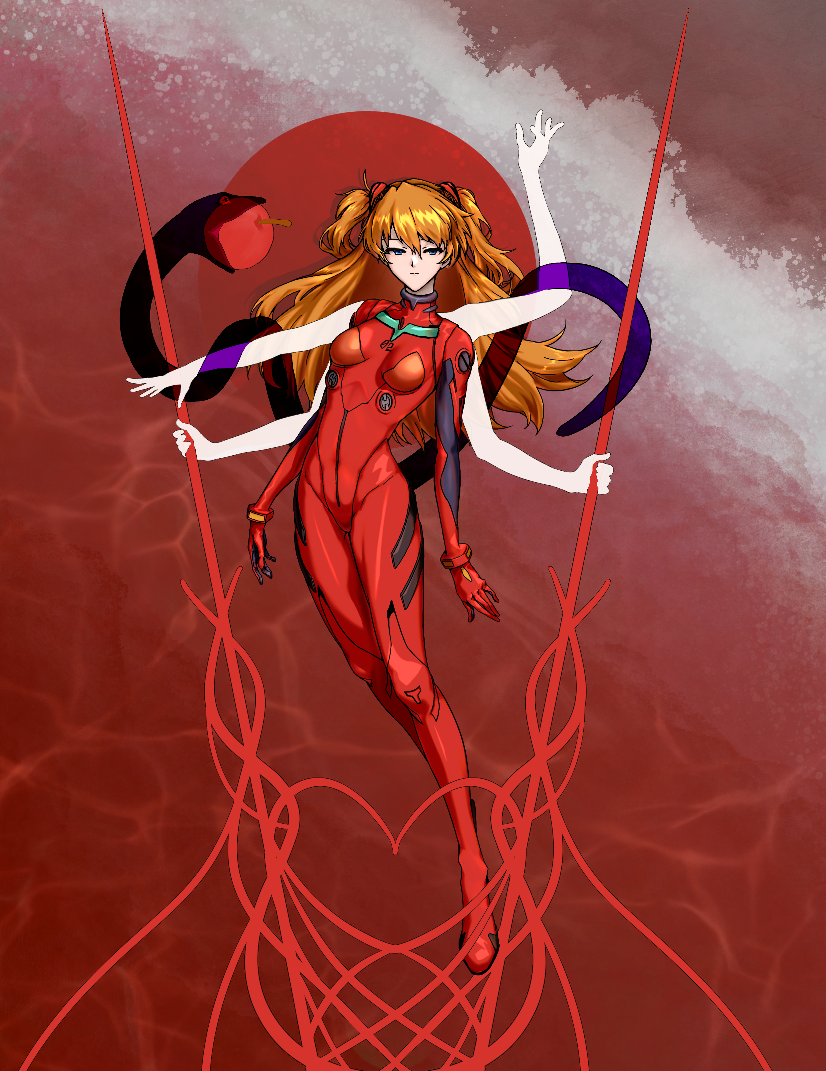 1girl absurdres artist_request blue_eyes bodysuit breasts expressionless extra_arms half-closed_eyes highres holding holding_lance holding_polearm holding_weapon interface_headset_(evangelion) lance long_hair mecha_pilot_suit medium_breasts neon_genesis_evangelion orange_hair plugsuit_(evangelion) polearm red_bodysuit shiny_clothes simple_background solo souryuu_asuka_langley two_side_up weapon