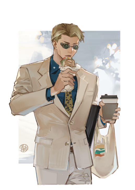 1boy animal_print bag blonde_hair blue_shirt bread collared_shirt cowboy_shot cup disposable_cup food formal_clothes goggles grey_pants groceries grocery_bag guttia holding holding_food jujutsu_kaisen lettuce long_sleeves looking_at_viewer male_focus nanami_kento necktie open_mouth pants shirt shopping_bag short_hair solo yellow_necktie