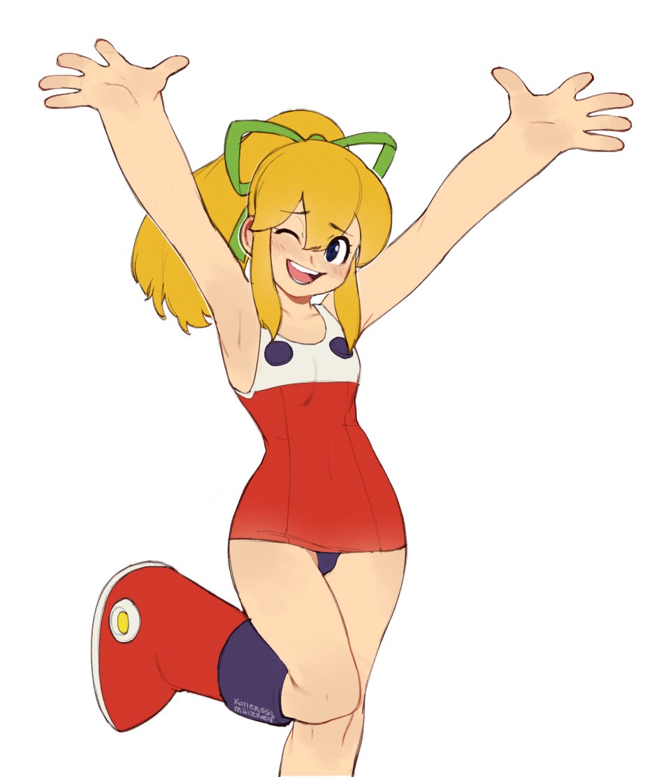 1girl android arms_up blonde_hair blue_eyes boots covered_navel feet_out_of_frame flat_chest full_body furrowed_brow green_ribbon hair_ribbon high_ponytail knee_boots kollerss leg_up light_blush looking_at_viewer mega_man_(classic) mega_man_(series) mega_man_8 nontraditional_school_swimsuit one-piece_swimsuit one_eye_closed open_mouth oversized_forearms oversized_limbs ponytail red_boots red_one-piece_swimsuit ribbon roll_(mega_man) school_swimsuit sidelocks smile solo standing standing_on_one_leg swimsuit