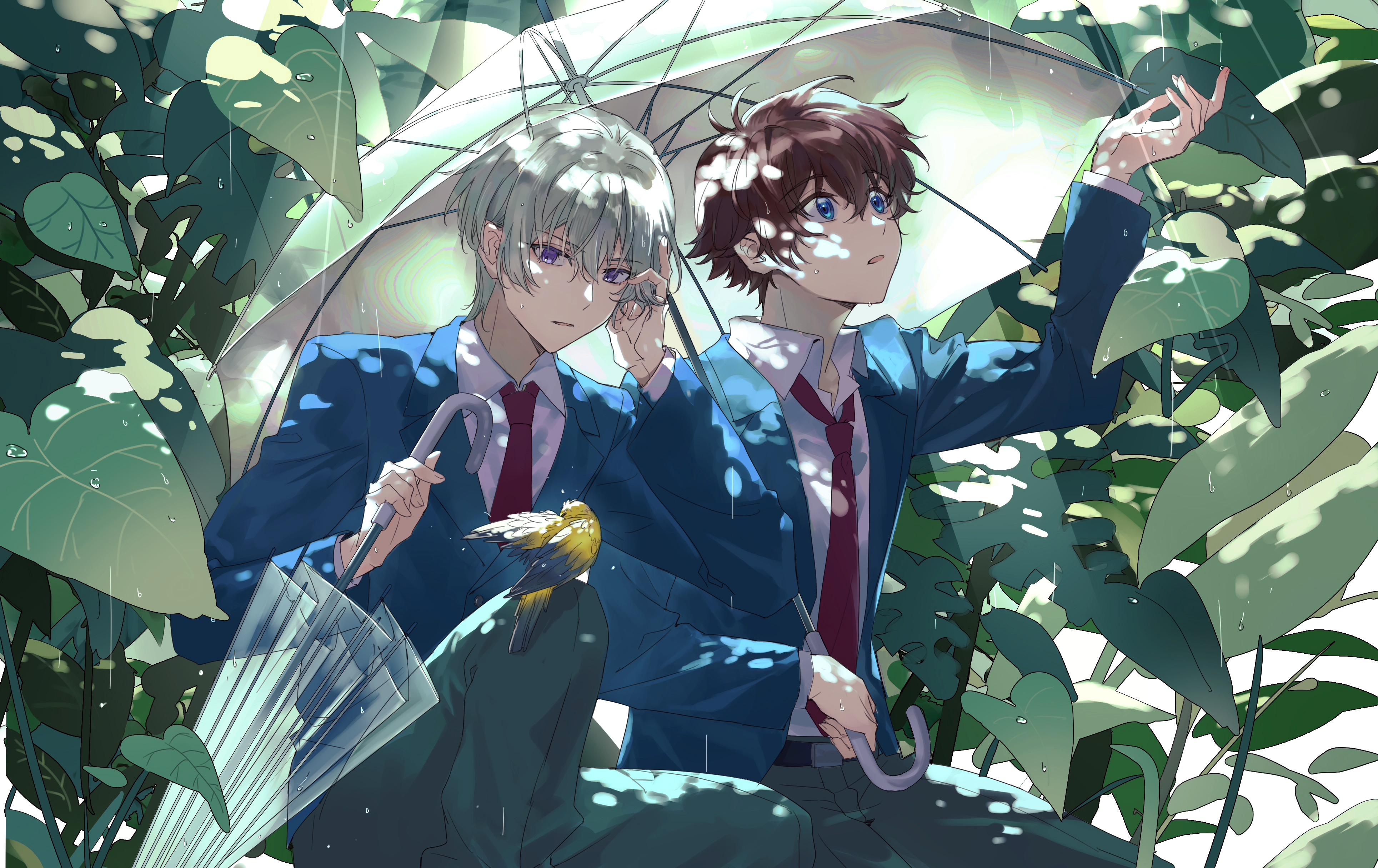 2boys absurdres belt belt_buckle bird bird_on_knee bishounen black_belt blazer blue_eyes blue_jacket brown_hair buckle character_request chinese_commentary closed_umbrella collared_jacket collared_shirt commentary_request copyright_request day denglong_jian feet_out_of_frame fingernails green_pants hair_between_eyes hand_in_own_hair highres holding holding_umbrella jacket knee_up lapels layered_sleeves leaf long_sleeves looking_at_animal looking_up male_focus multiple_boys necktie notched_lapels open_clothes open_jacket outdoors outstretched_hand pants parted_lips purple_eyes rain red_necktie school_uniform shared_umbrella shirt short_hair sitting transparent transparent_umbrella umbrella water_drop white_hair white_shirt yellow_bird