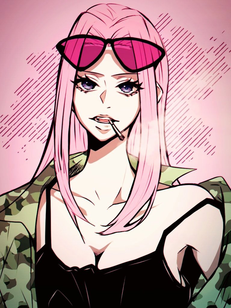 1girl breasts cigarette cleavage commentary_request detective_0414 eyelashes eyewear_on_head green_shirt hina_(one_piece) long_hair looking_at_viewer one_piece pink-tinted_eyewear pink_background pink_hair purple_eyes shirt sidelocks tinted_eyewear upper_body