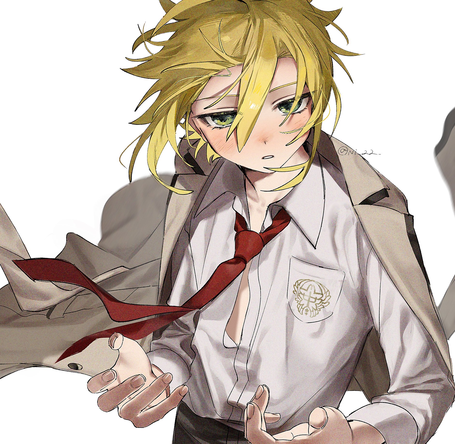 1boy black_pants blonde_hair collared_shirt commentary_request green_eyes grey_jacket highres jacket jacket_on_shoulders looking_at_viewer male_focus necktie ni_22 nijisanji open_hands pants parted_lips red_necktie shirt simple_background solo twitter_username upper_body uzuki_kou uzuki_kou_(3rd_costume) virtual_youtuber white_background white_shirt wind