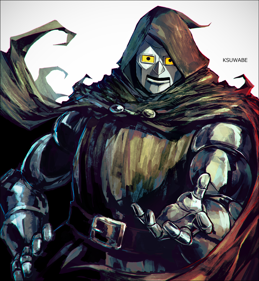 1960s_(style) 1boy armor artist_name belt black_belt black_cloak black_tunic cloak commentary_request doctor_doom fantastic_four full_armor hood hood_up hooded_cloak k-suwabe male_focus marvel oldschool pun simple_background solo tunic white_background